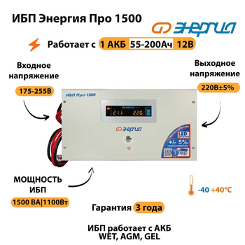 Энергия ИБП Про 1500 12В - ИБП и АКБ - ИБП для котлов - . Магазин оборудования для автономного и резервного электропитания Ekosolar.ru в Ессентуках