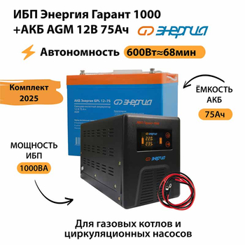 ИБП для котла Энергия Гарант 1000 + Аккумулятор 75 Ач 12 В (600Вт - 68мин) - ИБП и АКБ - ИБП для котлов - . Магазин оборудования для автономного и резервного электропитания Ekosolar.ru в Ессентуках
