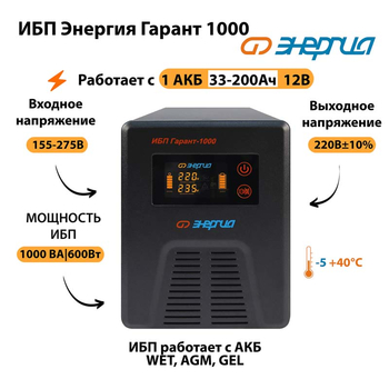 Энергия ИБП Гарант 1000 12В - ИБП и АКБ - ИБП для котлов - . Магазин оборудования для автономного и резервного электропитания Ekosolar.ru в Ессентуках