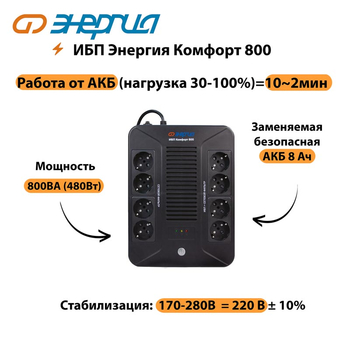 ИБП Комфорт 800 Энергия - ИБП и АКБ - ИБП для компьютера - . Магазин оборудования для автономного и резервного электропитания Ekosolar.ru в Ессентуках