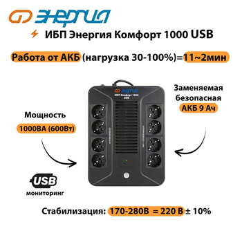 ИБП Комфорт 1000 USB Энергия - ИБП и АКБ - ИБП для компьютера - . Магазин оборудования для автономного и резервного электропитания Ekosolar.ru в Ессентуках